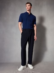 Navy Blue Regular Fit 100% Cotton Knitted Textured Stripe Polo Shirt - Image 2 of 7