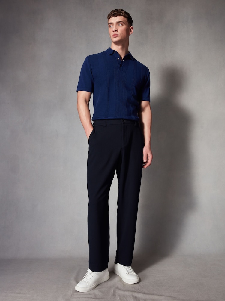 Navy Blue Regular Fit 100% Cotton Knitted Textured Stripe Polo Shirt - Image 2 of 7