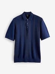 Navy Blue Regular Fit 100% Cotton Knitted Textured Stripe Polo Shirt - Image 5 of 7