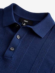 Navy Blue Regular Fit 100% Cotton Knitted Textured Stripe Polo Shirt - Image 6 of 7