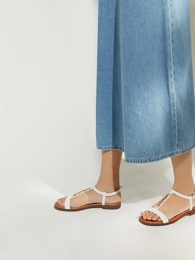 Dune London White Lotty Chain T-Bar Flat Sandals - Image 1 of 6 Dune London White Lotty Chain T-Bar Flat Sandals - Image 1 of 6
