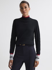 Reiss Pink/Navy Kristen Fitted Merino Wool Funnel Neck Top - Image 1 of 5