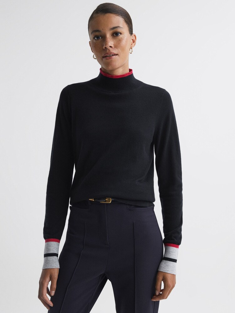 Reiss Pink/Navy Kristen Fitted Merino Wool Funnel Neck Top - Image 1 of 5