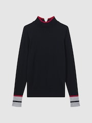 Reiss Pink/Navy Kristen Fitted Merino Wool Funnel Neck Top - Image 2 of 5
