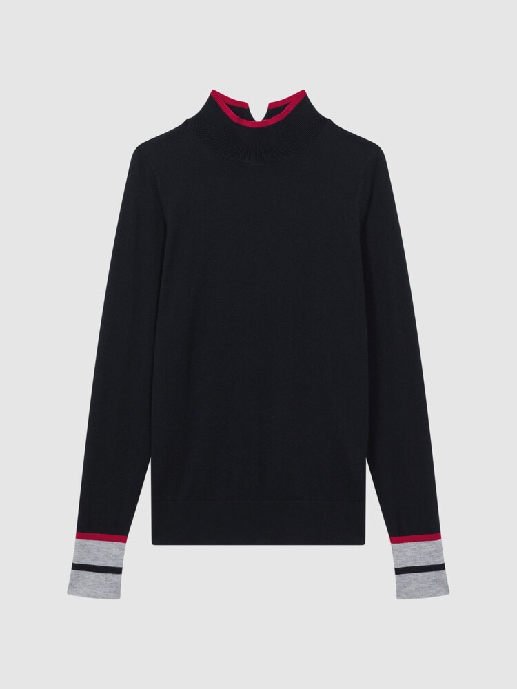 Reiss Pink/Navy Kristen Fitted Merino Wool Funnel Neck Top - Image 2 of 5