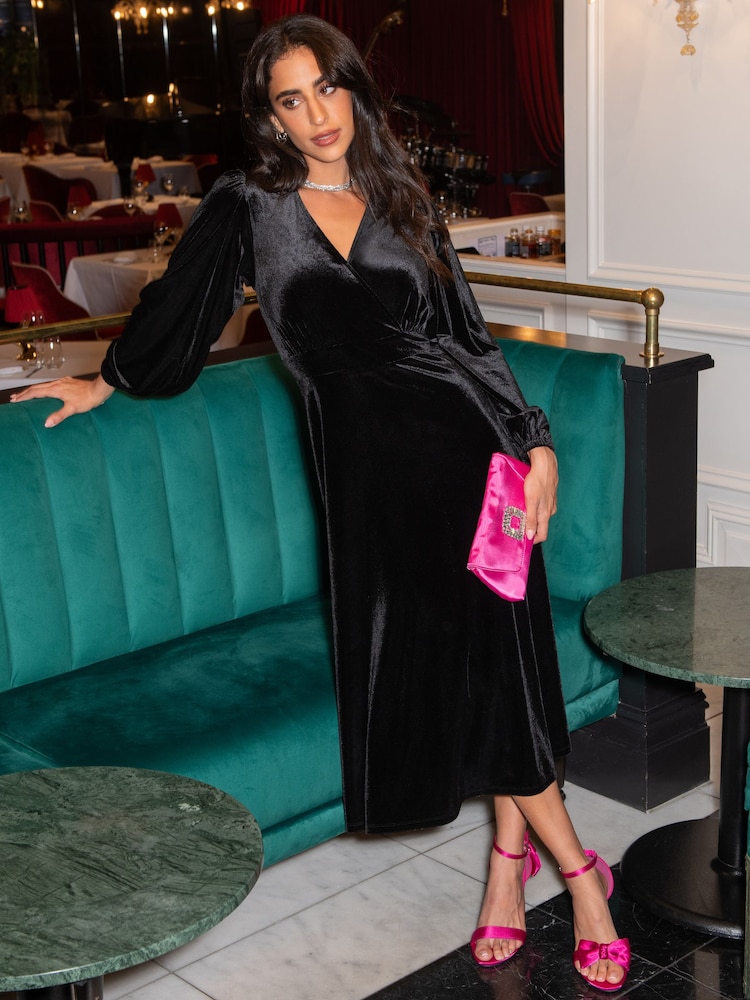 Pour Moi Charlotte Tie Back Stretch Velvet Long Sleeve Midi Dress - Image 1 of 4 Pour Moi Charlotte Tie Back Stretch Velvet Long Sleeve Midi Dress - Image 1 of 4