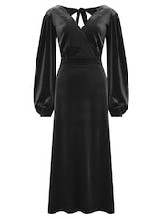 Pour Moi Black Charlotte Tie Back Stretch Velvet Long Sleeve Midi Dress - Image 3 of 4