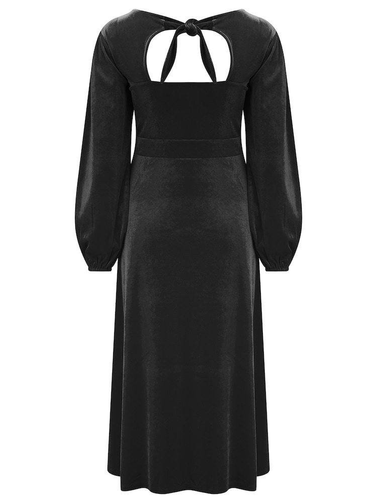 Pour Moi Black Charlotte Tie Back Stretch Velvet Long Sleeve Midi Dress - Image 4 of 4