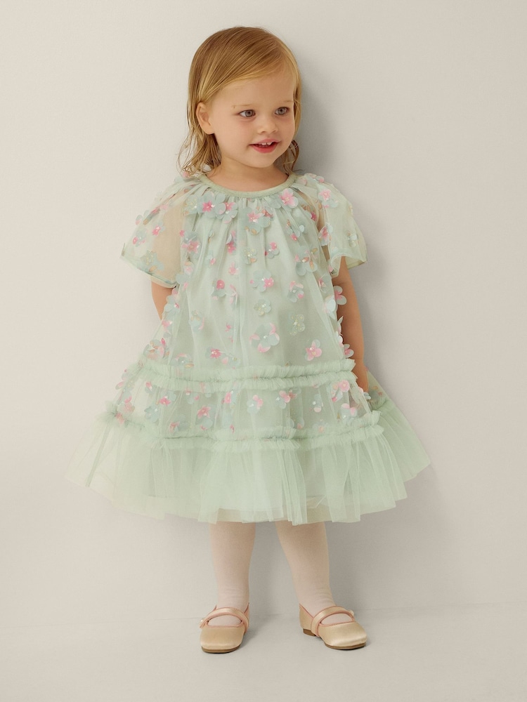 Monsoon Green Baby Kala Floral Appliqué Party Dress - Image 1 of 3 Monsoon Green Baby Kala Floral Appliqué Party Dress - Image 1 of 3