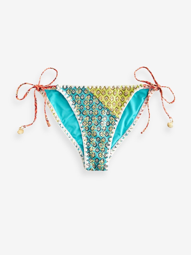 Teal/Pink Foil Woodblock Charm Tie Side Bikini Bottoms - Image 6 of 6