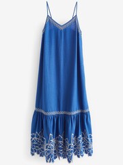 Blau/Weiß - Wadenlanges Sommerkleid mit Trägern und Stickerei - Bild 7 von 8
