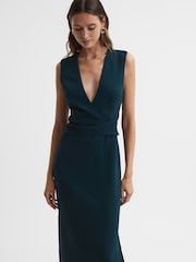 Reiss Teal Jayla Petite Fitted Wrap Design Midi Dress - Image 4 of 6