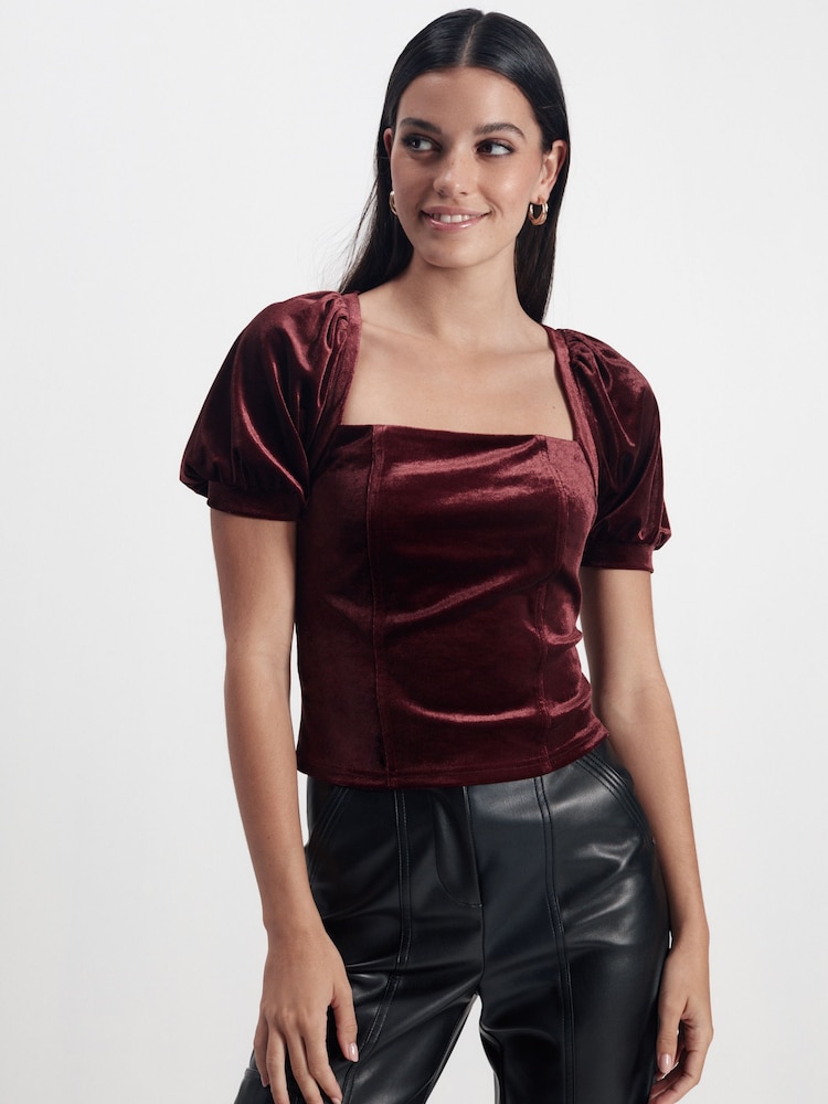 Rose Pink Square Neck Puff Sleeve Velvet Top - Image 1 of 6