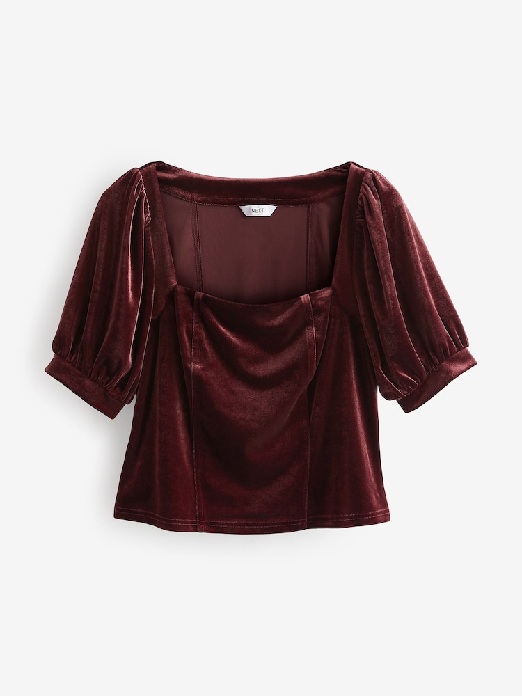 Rose Pink Square Neck Puff Sleeve Velvet Top - Image 5 of 6