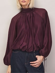 Ro&Zo Dark Red High Neck Bubble Hem Blouse - Image 1 of 5