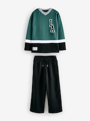 Green/Black Varisty Long Sleeve 100% Cotton T-Shirt and Joggers Set (3-16yrs) - Image 1 of 4