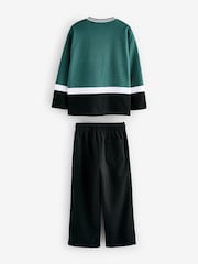 Green/Black Varisty Long Sleeve 100% Cotton T-Shirt and Joggers Set (3-16yrs) - Image 2 of 4