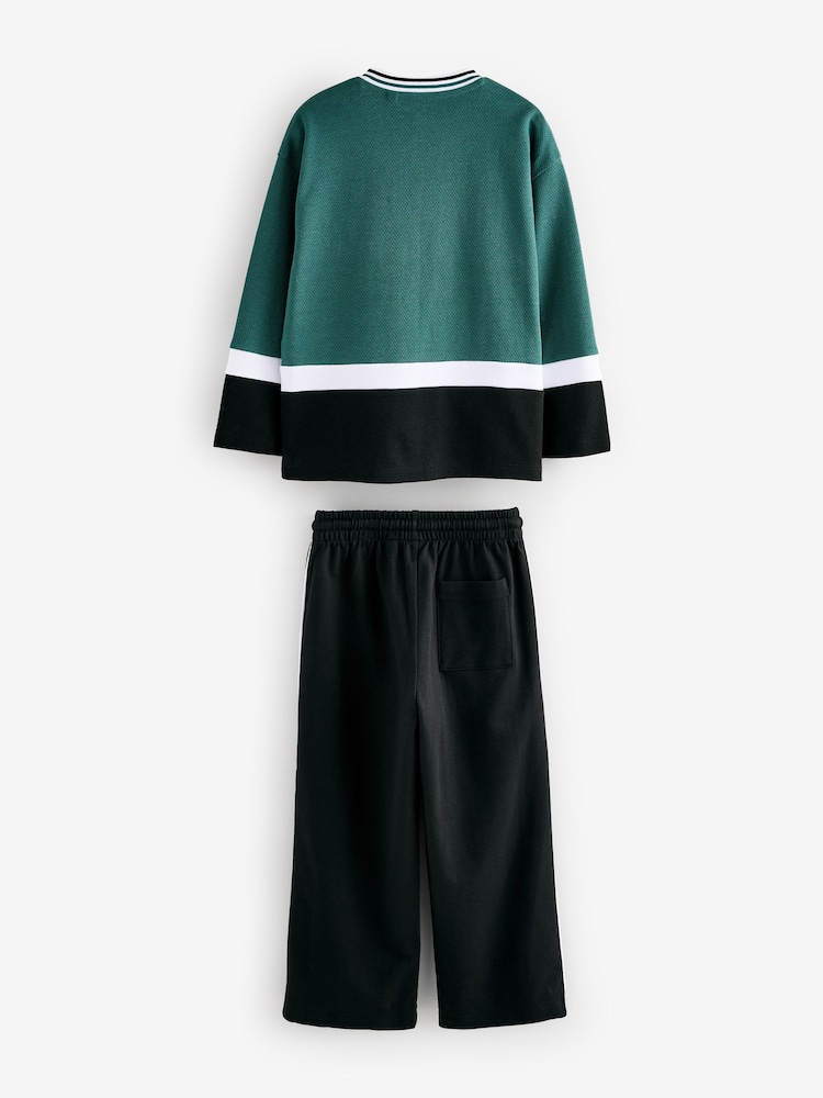 Green/Black Varisty Long Sleeve 100% Cotton T-Shirt and Joggers Set (3-16yrs) - Image 2 of 4