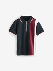 Navy/ Red 100% Cotton Quarter Zip Colourblock Short Sleeve Polo Shirt (3-16yrs) - Image 1 of 4