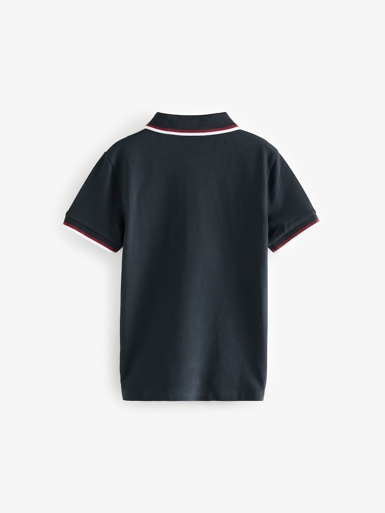 Navy/ Red 100% Cotton Quarter Zip Colourblock Short Sleeve Polo Shirt (3-16yrs) - Image 2 of 4