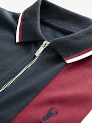 Navy/ Red 100% Cotton Quarter Zip Colourblock Short Sleeve Polo Shirt (3-16yrs) - Image 3 of 4