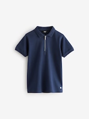 Navy Textured Short Sleeve Quarter Zip 100% Cotton Polo Shirt (3-16yrs) - Image 1 of 4