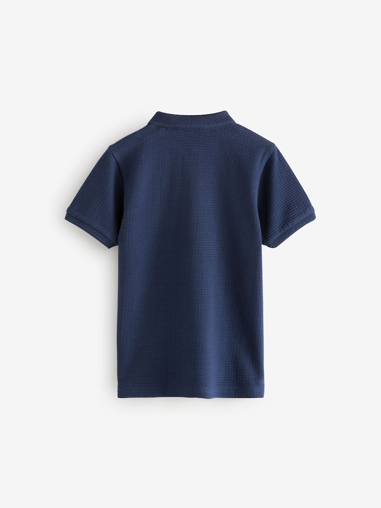 Navy Textured Short Sleeve Quarter Zip 100% Cotton Polo Shirt (3-16yrs) - Image 2 of 4