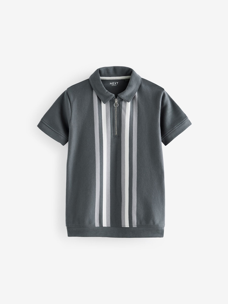 Grey 100% Cotton Quarter Zip Colourblock Short Sleeve Polo Shirt (3-16yrs) - Image 1 of 4