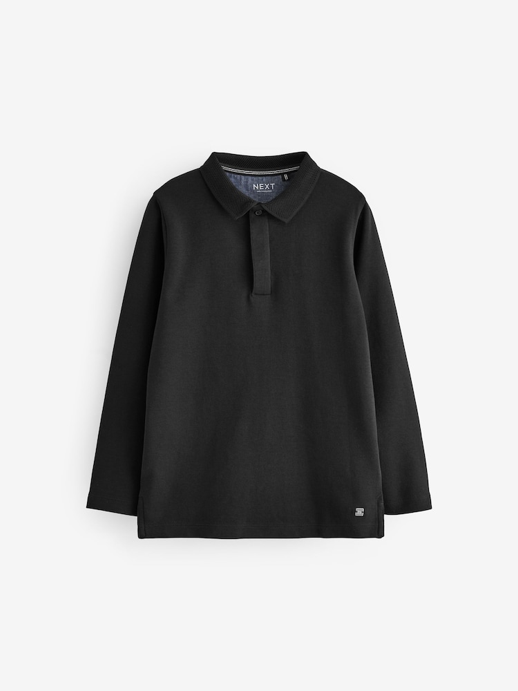 Black Long Sleeve 100% Cotton Polo Shirt (3-16yrs) - Image 1 of 3