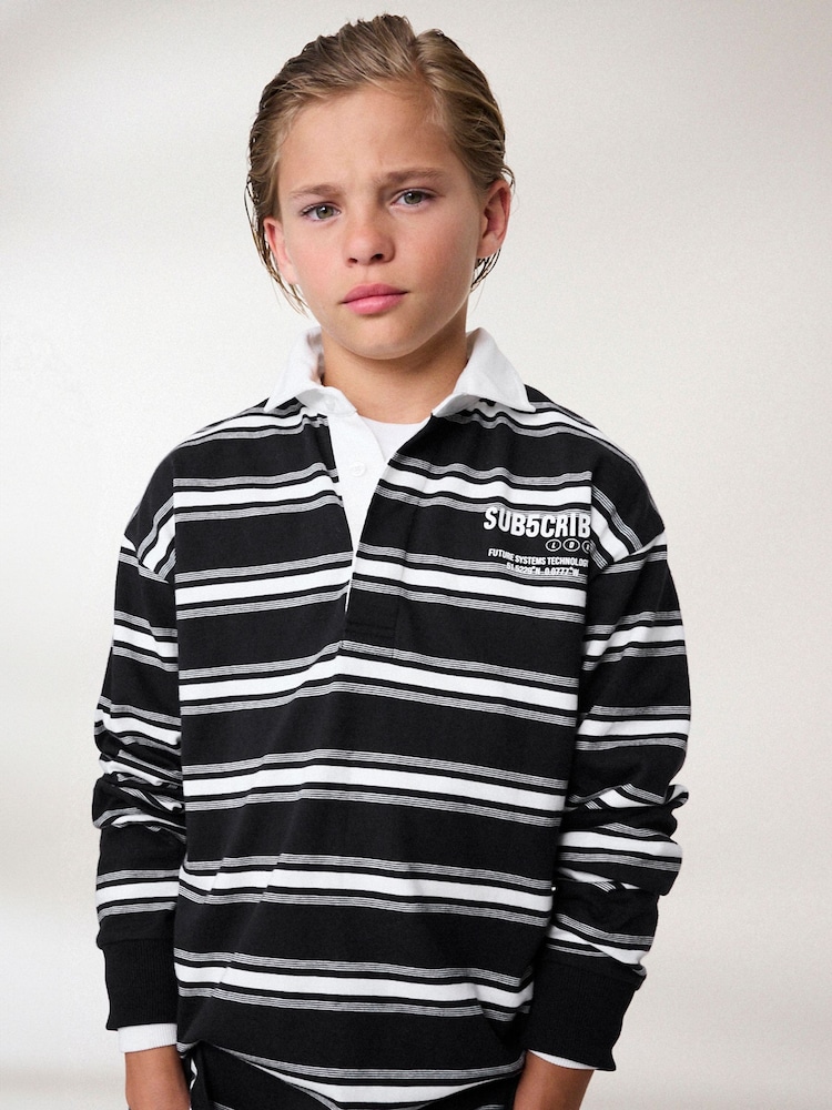 Black/ White Sub5cribe Long Sleeve Rugby 100% Cotton Polo Shirt (3-16yrs) - Image 1 of 6