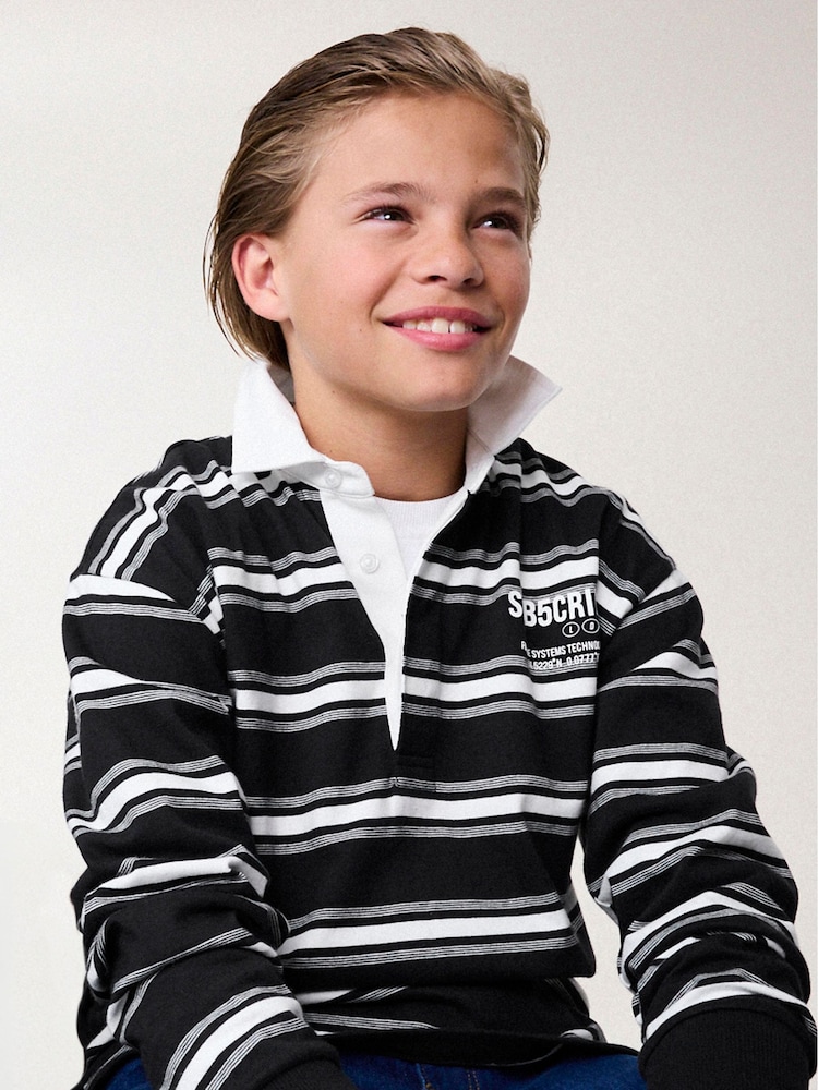 Black/ White Sub5cribe Long Sleeve Rugby 100% Cotton Polo Shirt (3-16yrs) - Image 2 of 6
