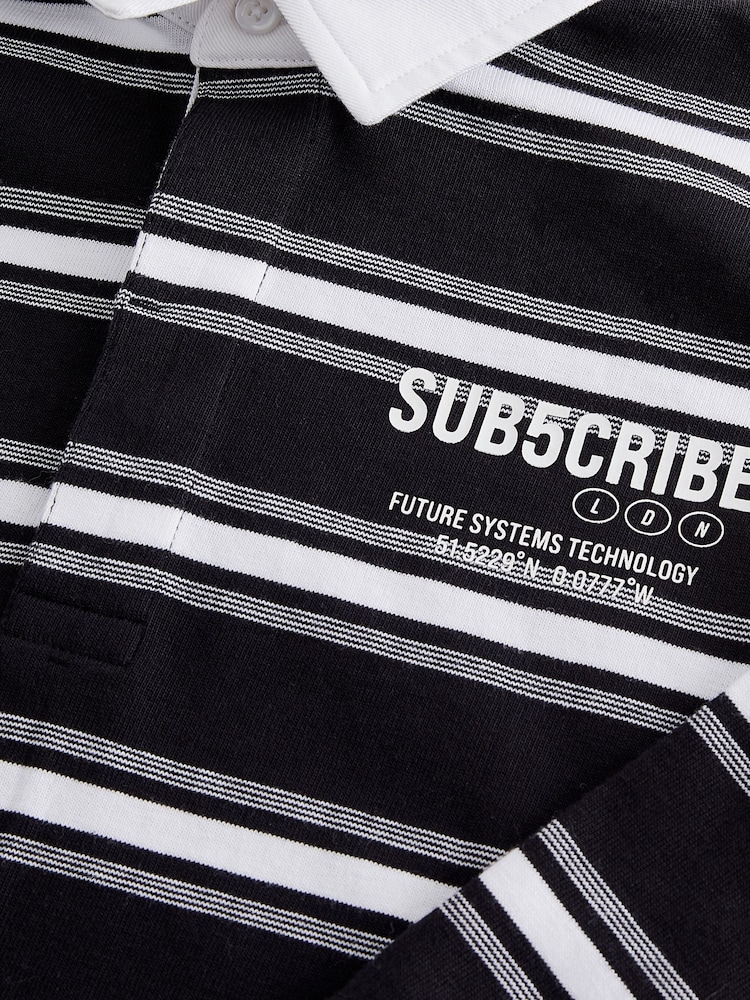Black/ White Sub5cribe Long Sleeve Rugby 100% Cotton Polo Shirt (3-16yrs) - Image 6 of 6