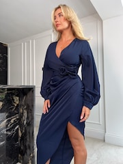 Girl In Mind Navy Elsa Long Sleeve Wrap Asymmetric Dress - Image 3 of 3