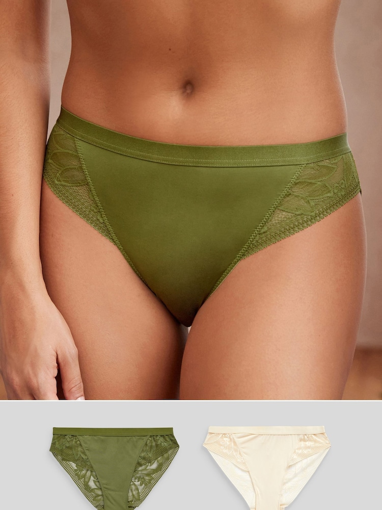 Green/Cream High Leg Microfibre & Lace Knickers 2 Pack - Image 1 of 12