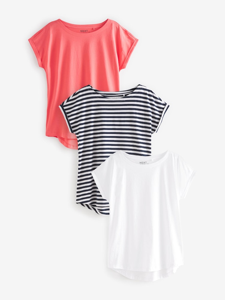 White/Stripe/Coral Pink 100% Cotton Cap Sleeve T-Shirts 3 Pack - Image 1 of 9 White/Stripe/Coral Pink 100% Cotton Cap Sleeve T-Shirts 3 Pack - Image 1 of 9