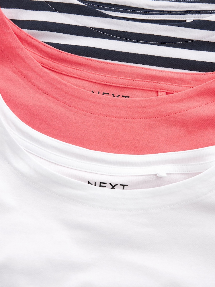 White/Stripe/Coral Pink 100% Cotton Cap Sleeve T-Shirts 3 Pack - Image 5 of 9