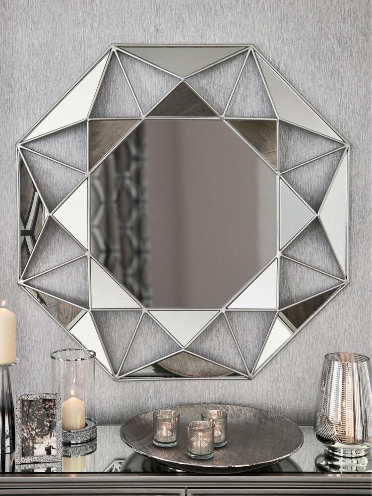 Silver Faceted Mirror - Image 1 of 5 Silver Faceted Mirror - Image 1 of 5