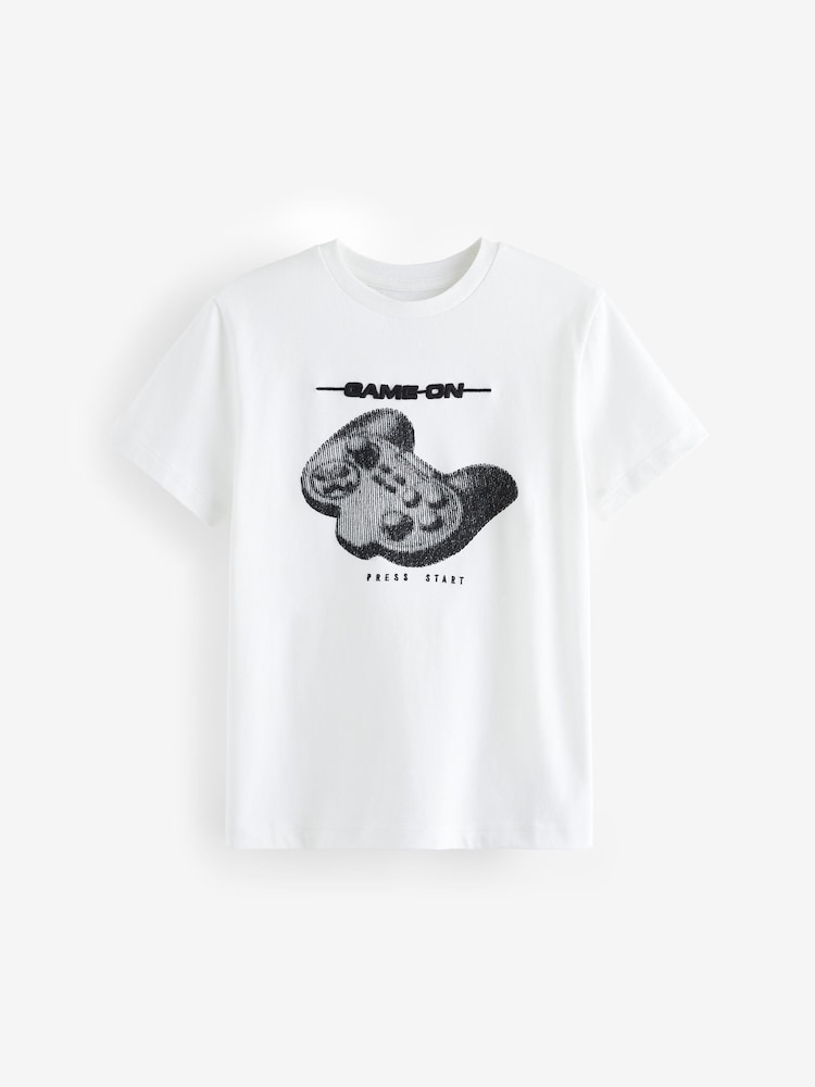 White Gamer Embroidery 100% Cotton Short Sleeve Graphic T-Shirt (3-16yrs) - Image 1 of 3 White Gamer Embroidery 100% Cotton Short Sleeve Graphic T-Shirt (3-16yrs) - Image 1 of 3