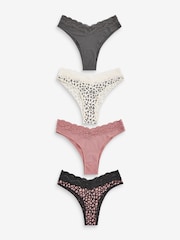 Black/Grey/Cream/Pink Printed Extra High Leg Cotton and Lace Knickers 4 Pack - Image 1 of 8