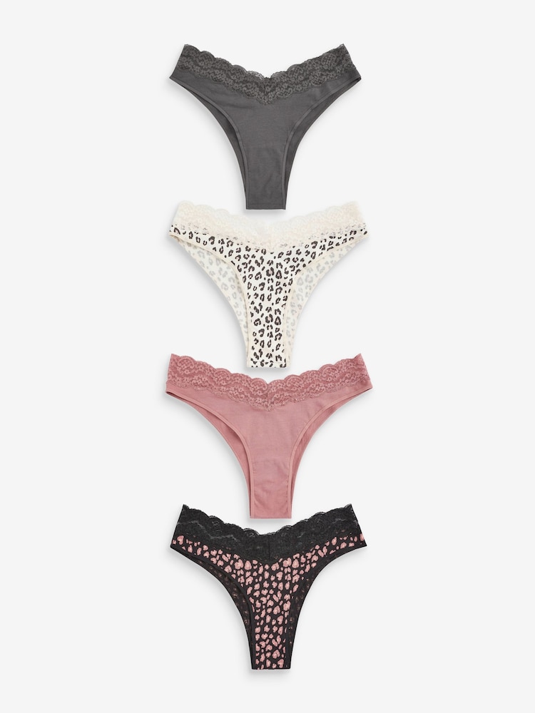 Black/Grey/Cream/Pink Printed Extra High Leg Cotton and Lace Knickers 4 Pack - Image 1 of 8