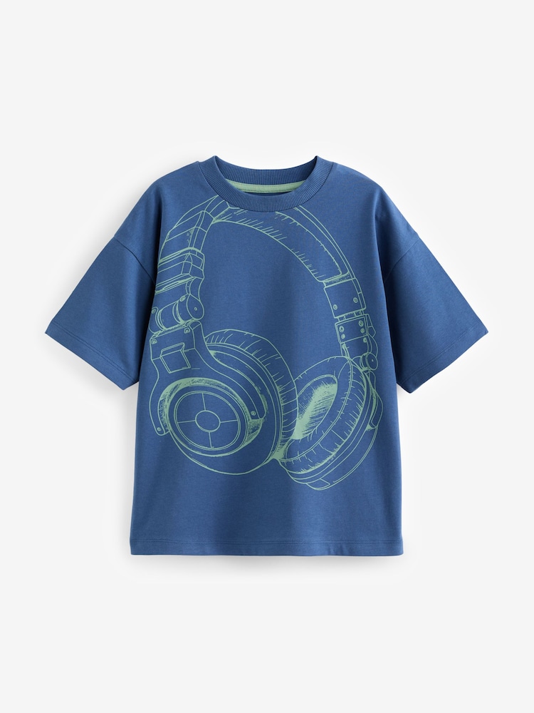 Blue Headphones Relaxed Fit Short Sleeve Graphic Print T-Shirt (3-16yrs) - Image 1 of 3