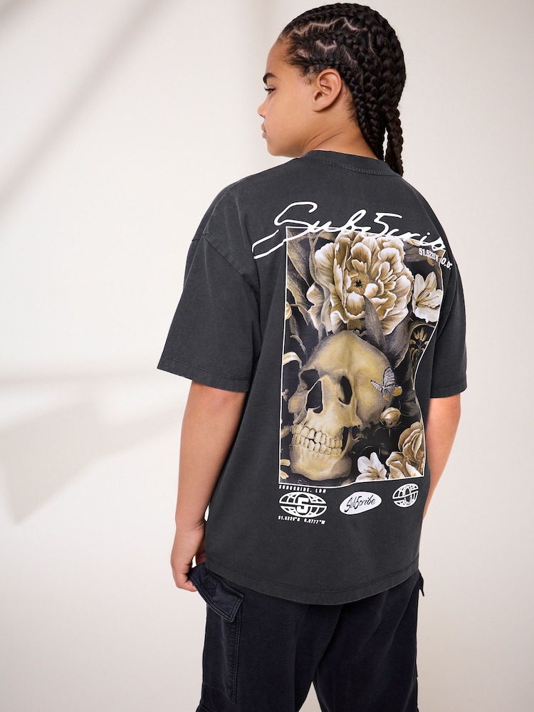 Grey Washed Relaxed Fit 100% Cotton Short Sleeve Subscribe Graphic T-Shirt (3-16yrs) - Image 1 of 9