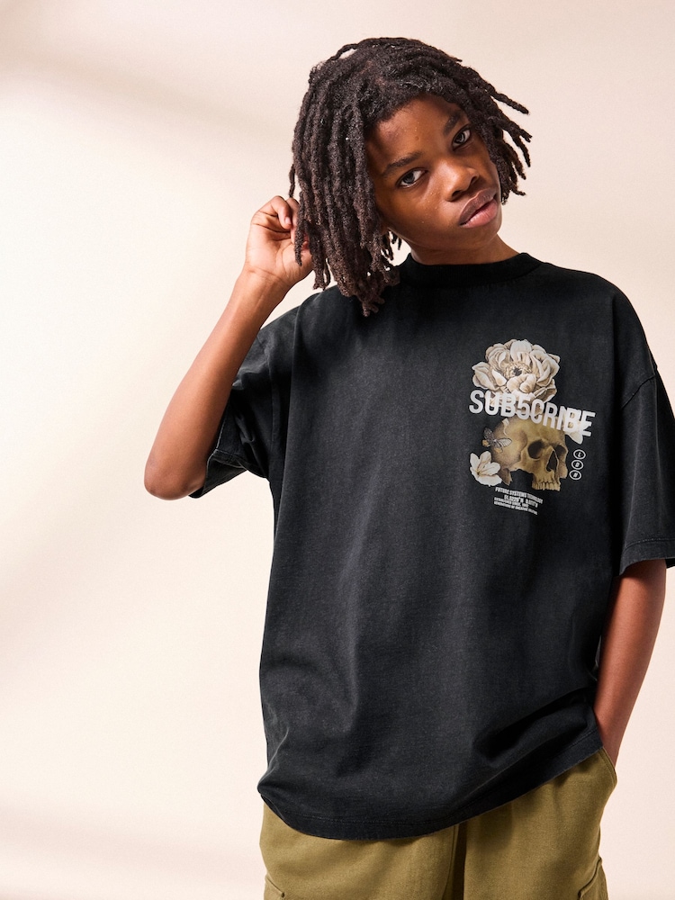 Grey Washed Relaxed Fit 100% Cotton Short Sleeve Subscribe Graphic T-Shirt (3-16yrs) - Image 2 of 9