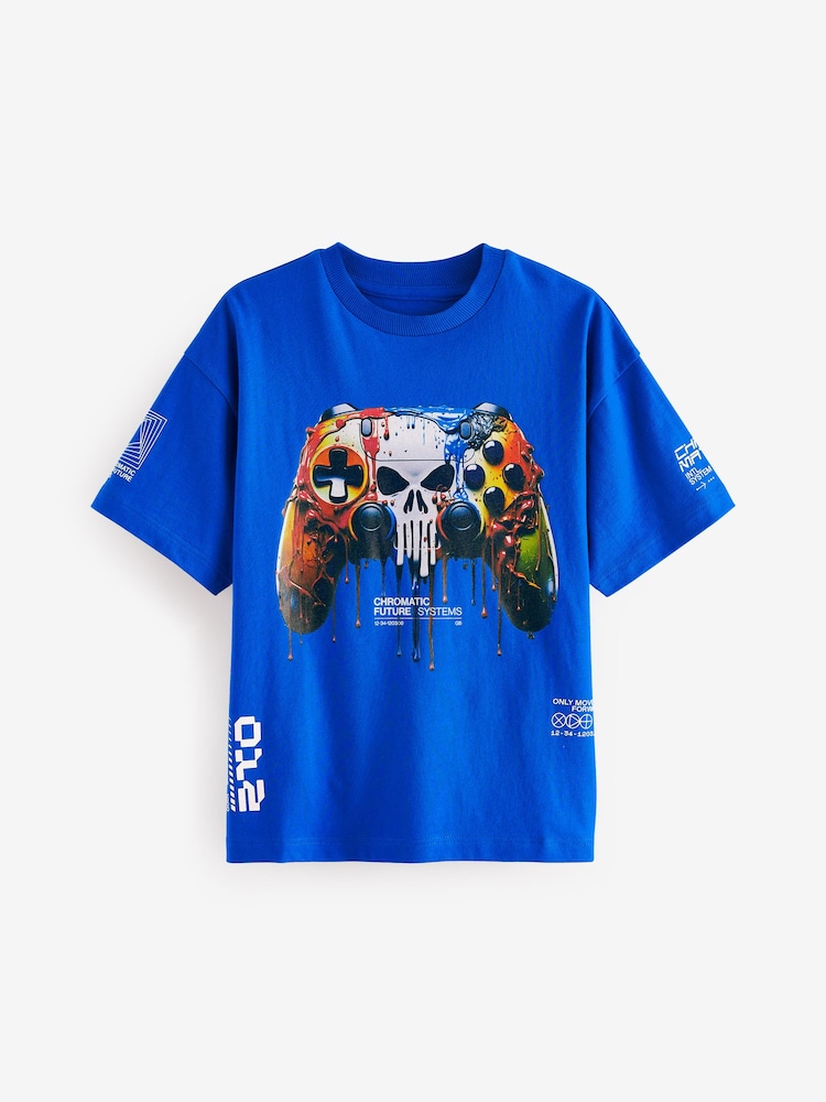 Kobaltblau mit Totenkopf- und Controller-Grafik - T-Shirt in lässiger Passform mit Grafik (3–16 Jahre) - Bild 1 von 3