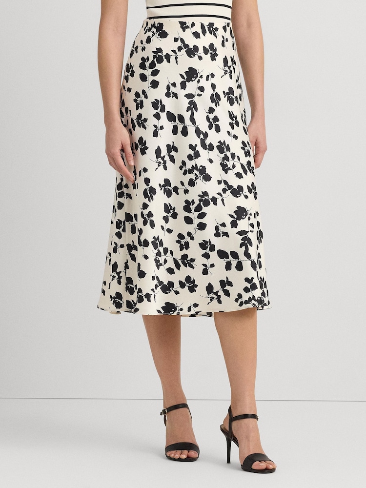 Lauren Ralph Lauren Cream Sharae Floral Leaf Print Charmeuse Midi Skirt - Image 1 of 6