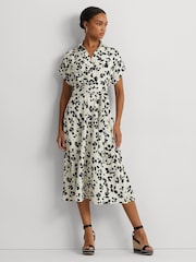 Lauren Ralph Lauren Cream 100% Cotton Fratillo Leaf Print Belted Crepe Dress - Image 1 of 5