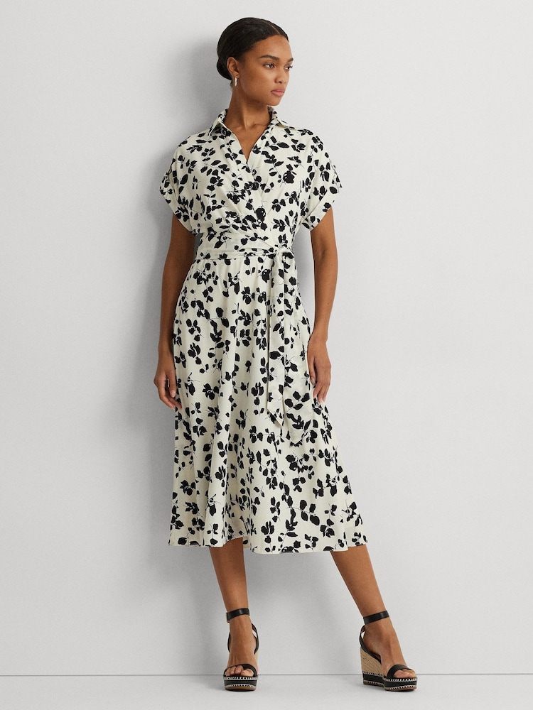 Lauren Ralph Lauren Cream 100% Cotton Fratillo Leaf Print Belted Crepe Dress - Image 1 of 5