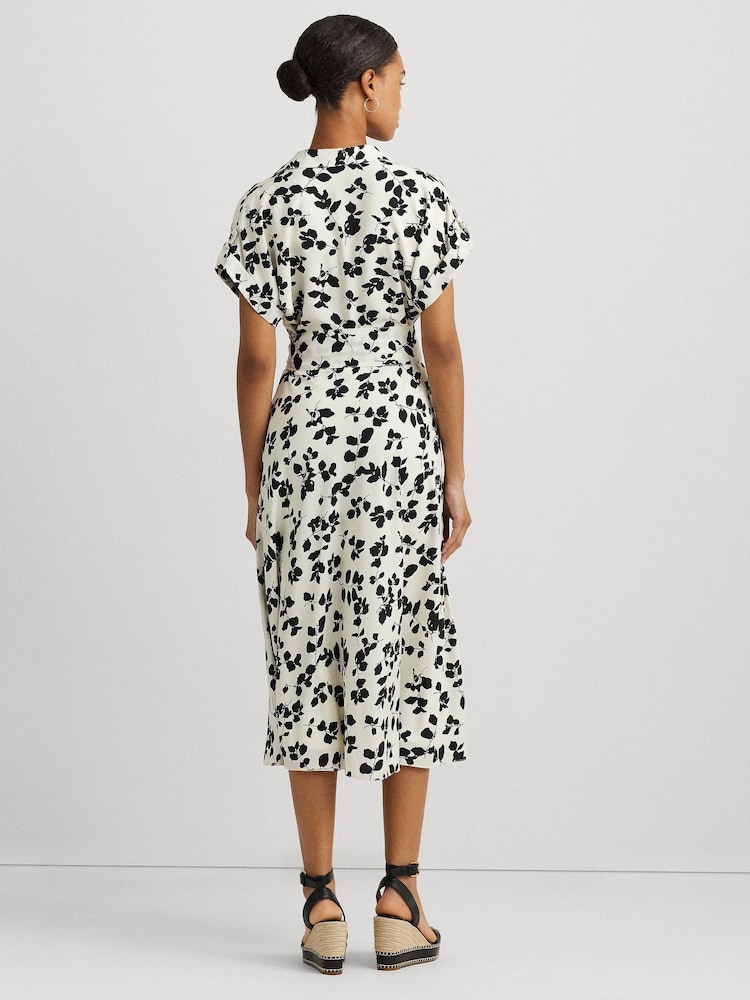 Lauren Ralph Lauren Cream 100% Cotton Fratillo Leaf Print Belted Crepe Dress - Image 2 of 5
