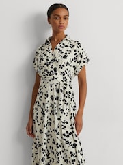 Lauren Ralph Lauren Cream 100% Cotton Fratillo Leaf Print Belted Crepe Dress - Image 3 of 5