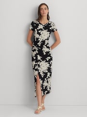 Lauren Ralph Lauren Syporah Floral Jersey Twist Front Midi Black Dress - Image 1 of 5